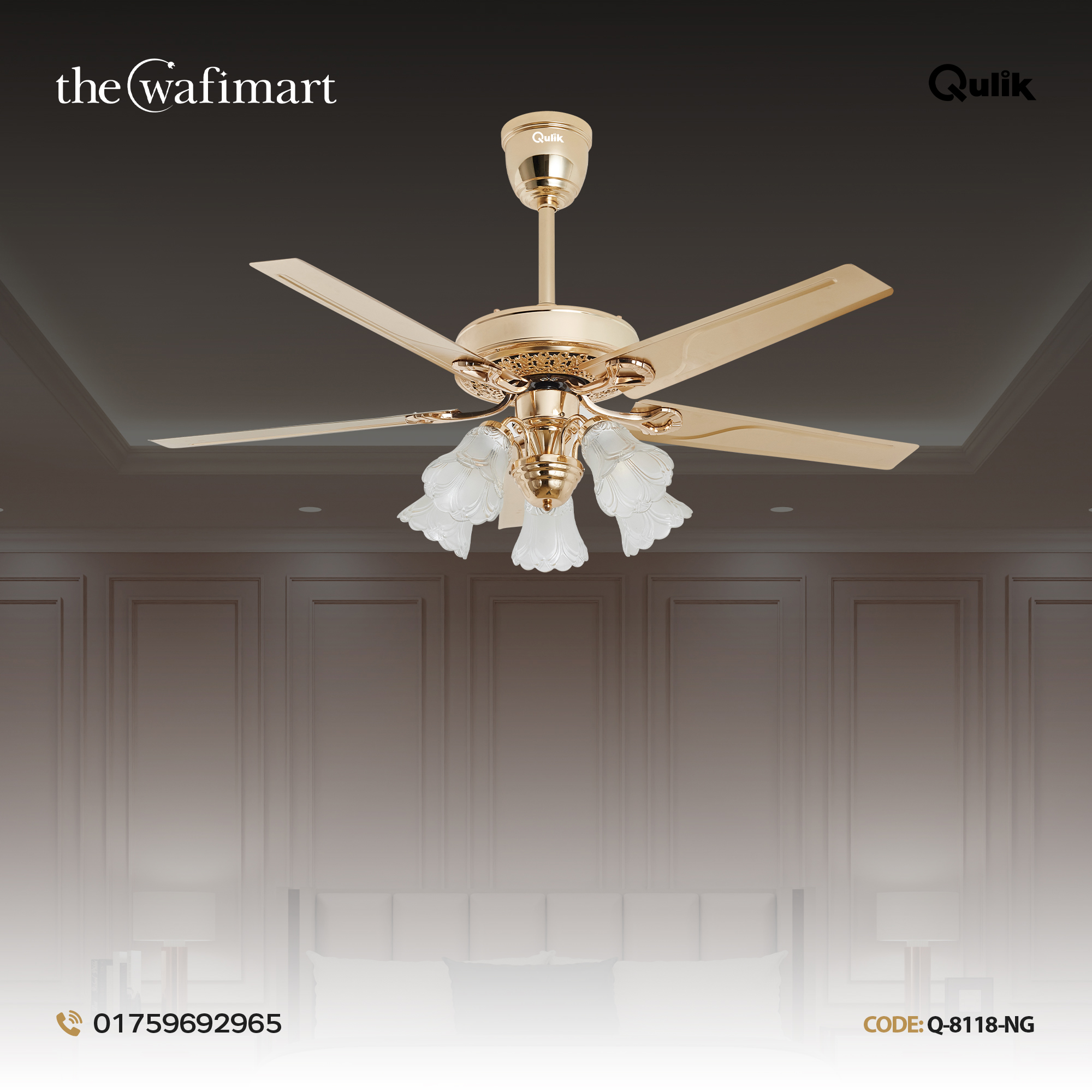 Qulik Luxoria UL 52" -Glass Flower Lampshade Copper Motor Remote Control Under-light Ceiling Fan Q-8118-NG