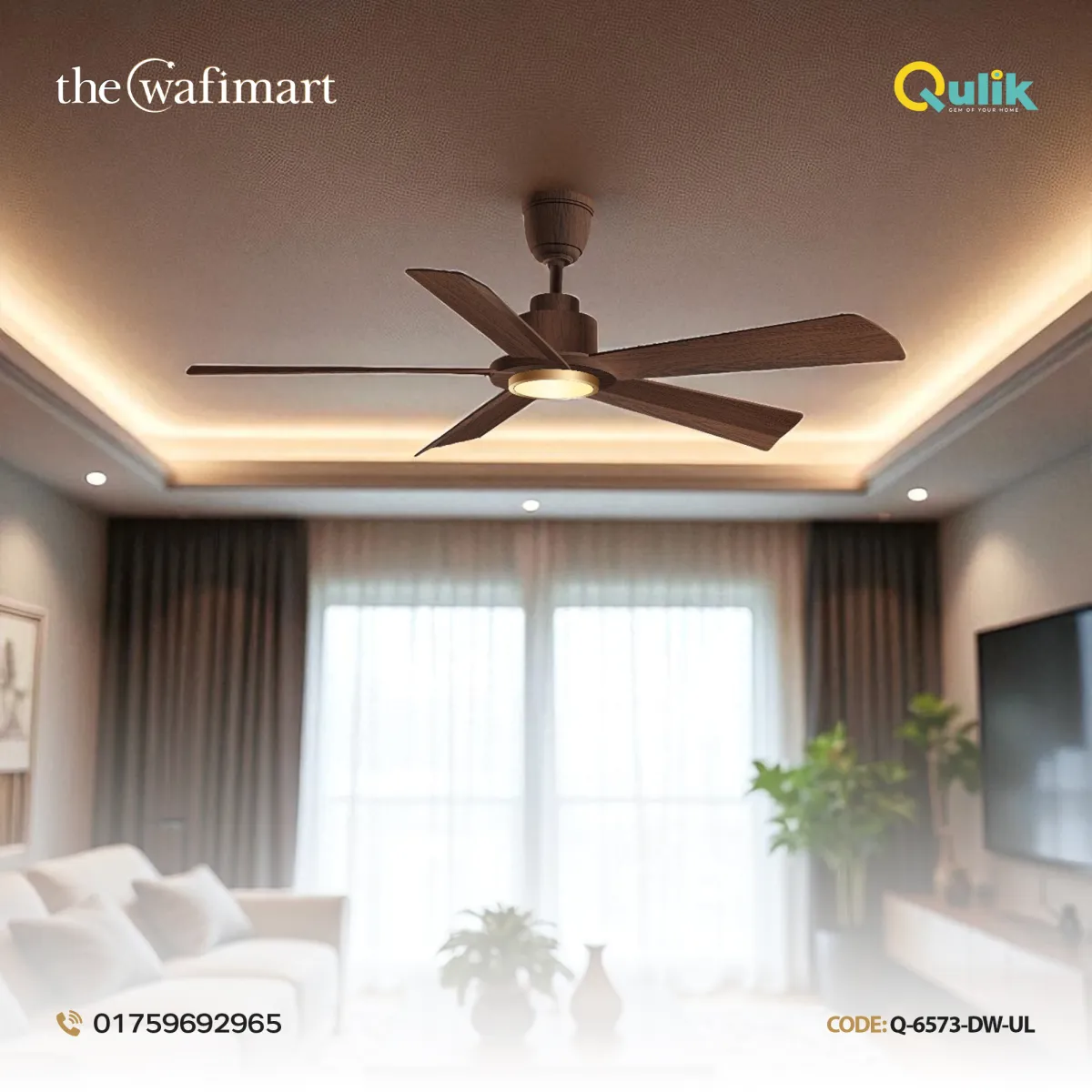 Qulik Quantom 56" Decorative Silent ABS Blade Remote Underlight Ceiling Fan (Dark Wood) | Q-6573-DW-UL