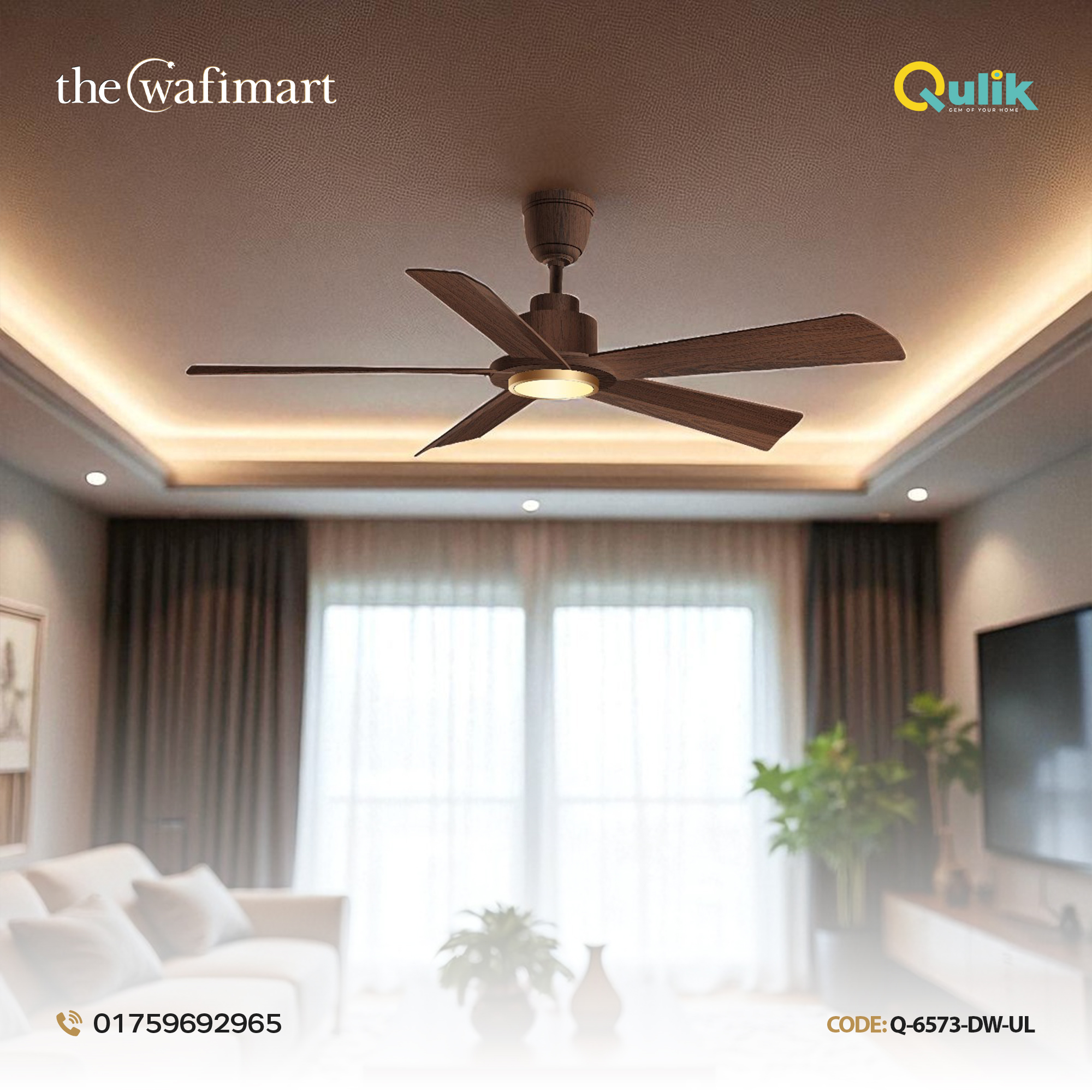 Qulik Quantom 56" Decorative Silent ABS Blade Remote Underlight Ceiling Fan (Dark Wood) | Q-6573-DW-UL