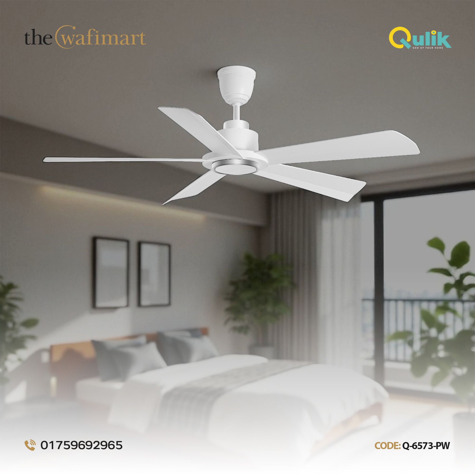 Qulik Quantom 56" Decorative Silent ABS Blade Remote Ceiling Fan (Pearl White) |Q-6573-PW
