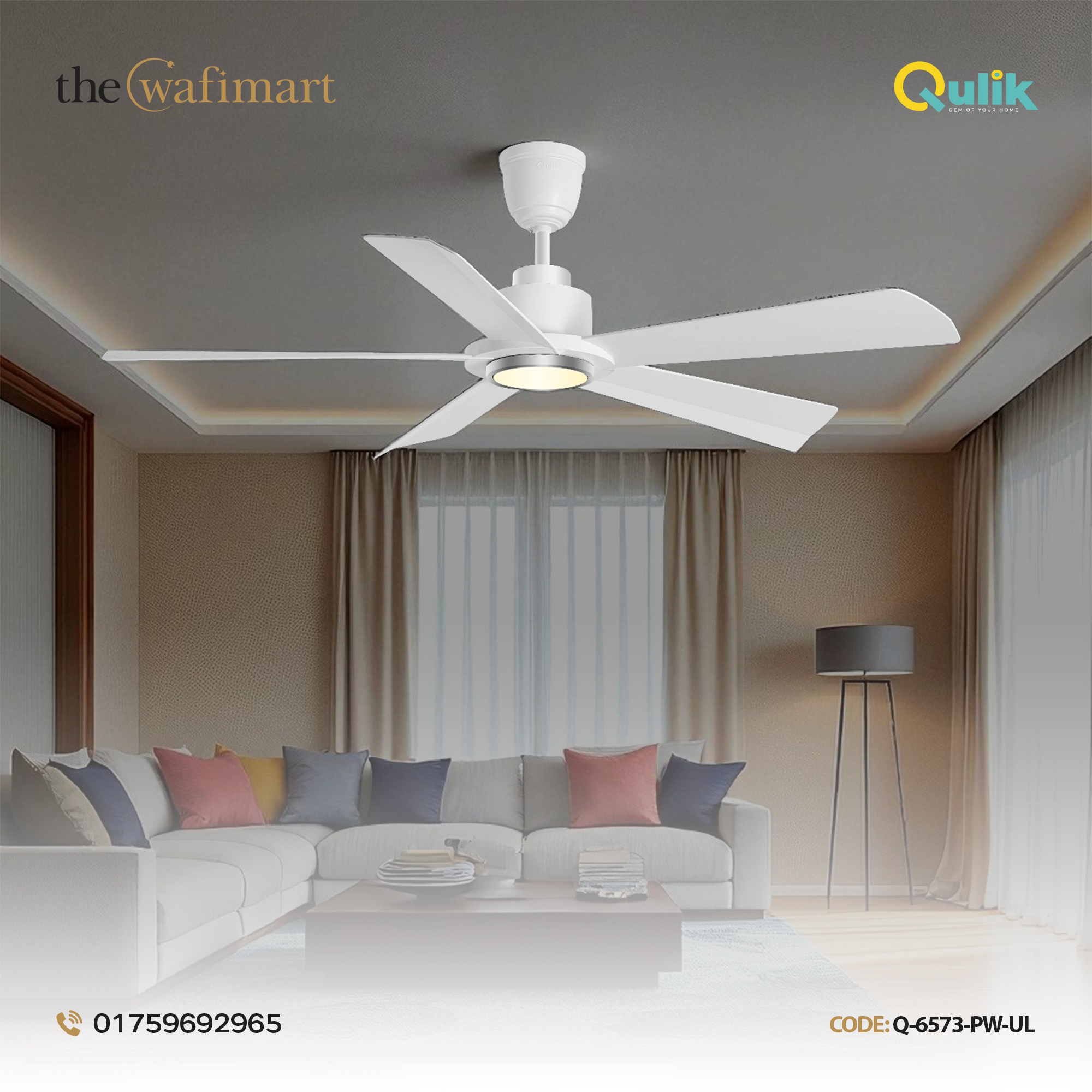Qulik Quantom 56" Decorative Silent ABS Blade Remote Underlight Ceiling Fan (Pearl White) | Q-6573-PW-UL_img_0