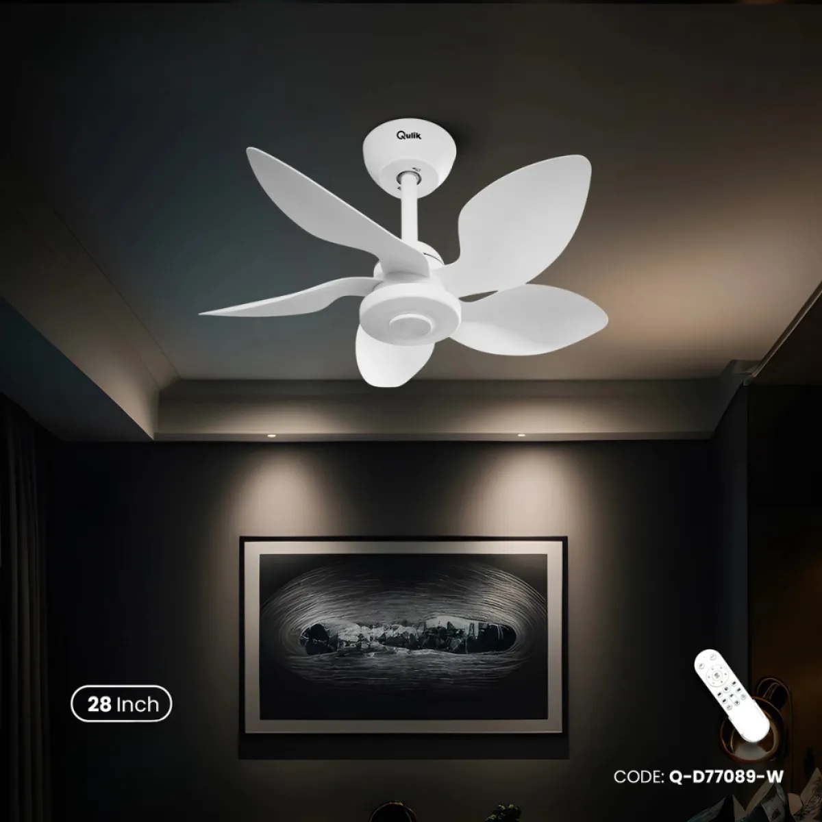 Qulik Flora 28"- Modern Decorative Silent ABS Blade with Remote Ceiling Fan (White) Q-D77089-W