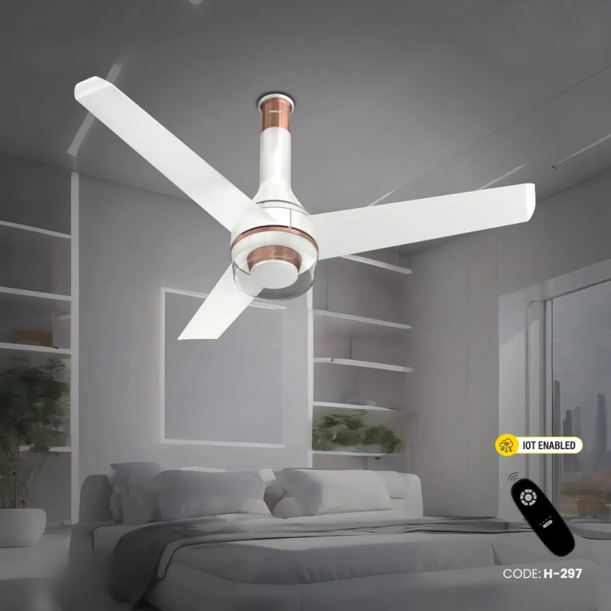 Havells Crista UL - 1200mm Dust Resistant IOT Enable Remote control BLDC Inverter Ceiling Fan (Pearl White) H-297