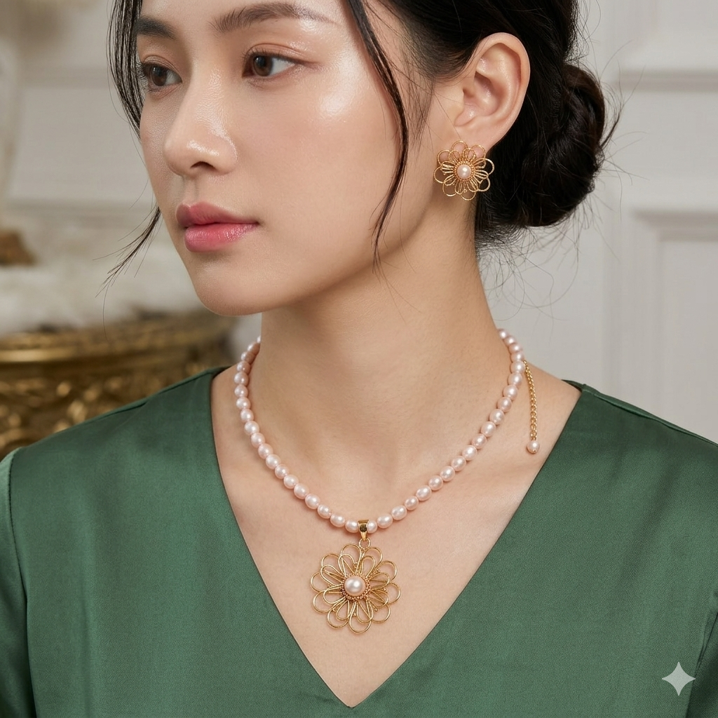 Original Pearl & Gold plating Ear Ring & Locket Set Necklace._img_1