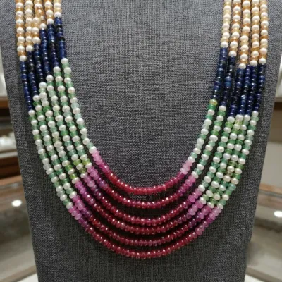 4 MM White Round Pearl & Multicolor Stone 6 Layer Necklace_img_1