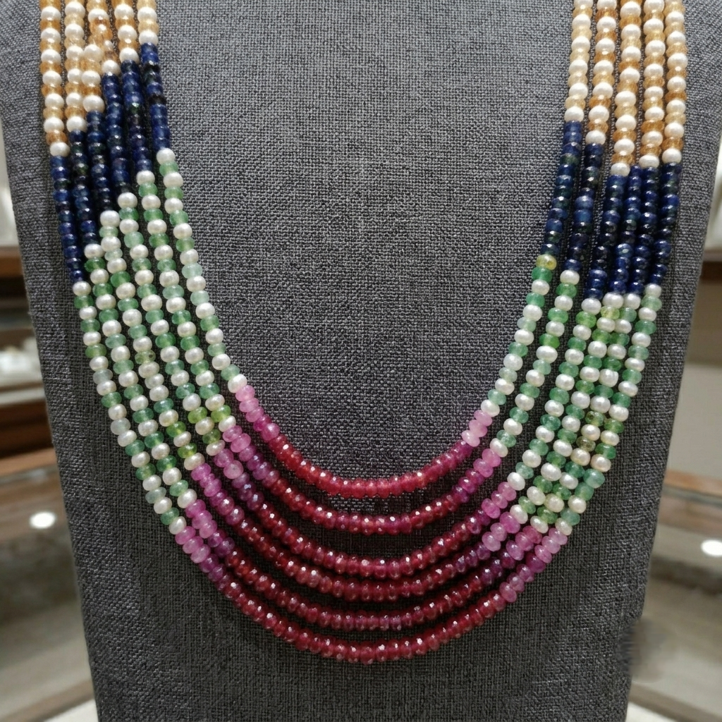 4 MM White Round Pearl & Multicolor Stone 6 Layer Necklace_img_1