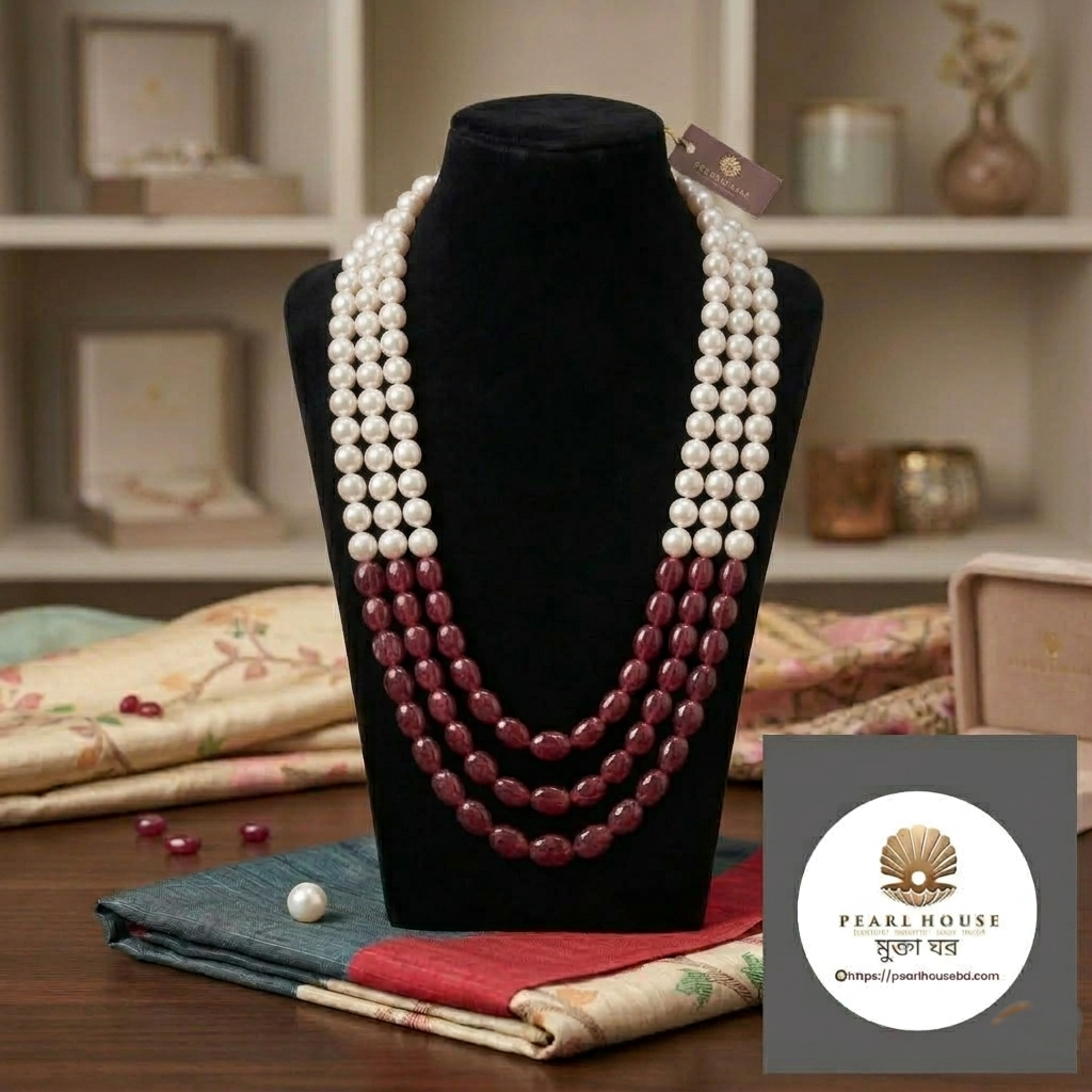 White Round Pearl & Meroon Stone Combination 3 Layer Necklace_img_0