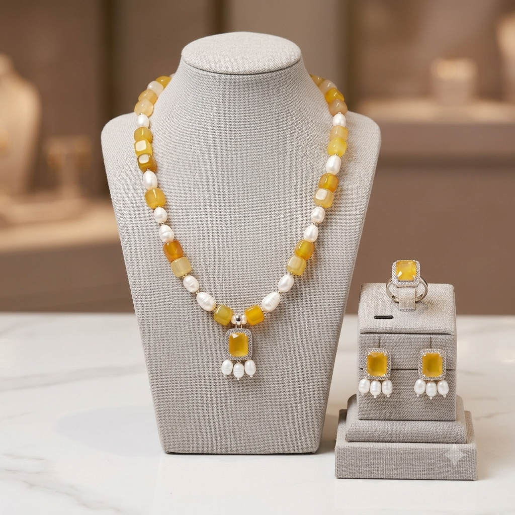 Original Pearl & Stone With Diamond cut Locket Set_img_0