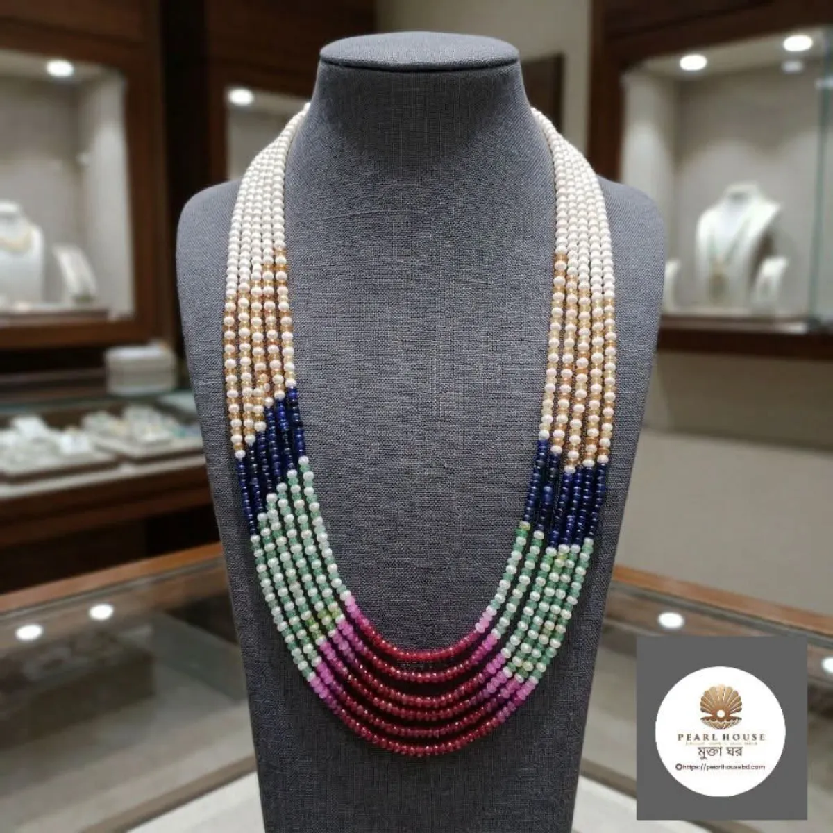 4 MM White Round Pearl & Multicolor Stone 6 Layer Necklace
