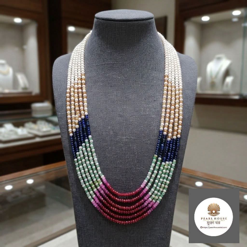 4 MM White Round Pearl & Multicolor Stone 6 Layer Necklace_img_0