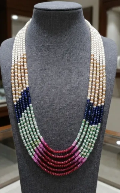 4 MM White Round Pearl & Multicolor Stone 6 Layer Necklace_img_2