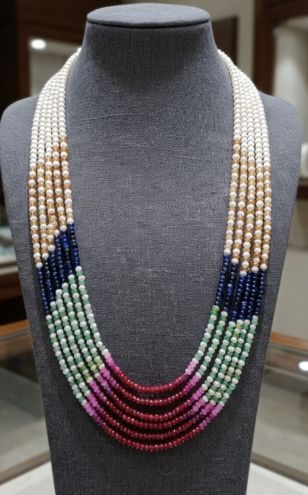 4 MM White Round Pearl & Multicolor Stone 6 Layer Necklace_img_2