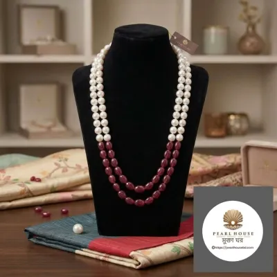 White Round Pearl & Meroon Stone combination 2 layer Necklace_img_0