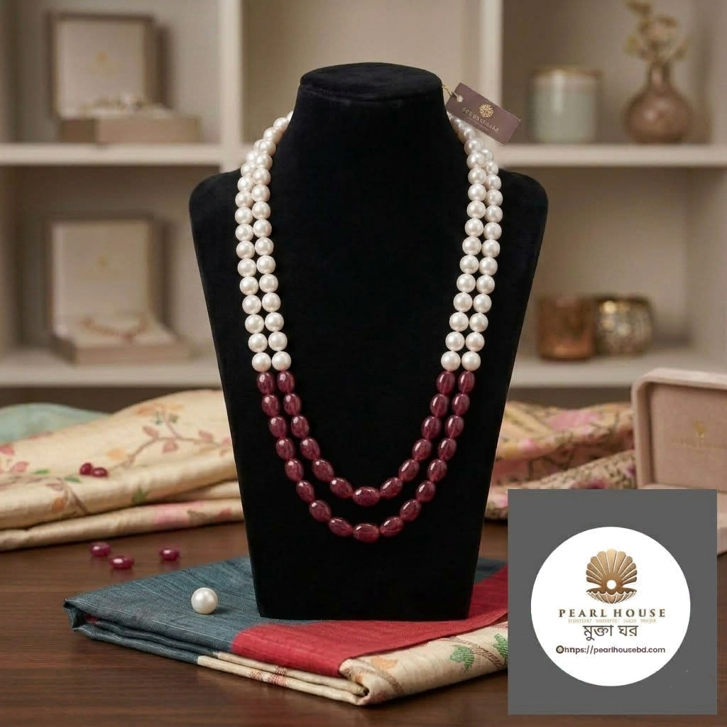 White Round Pearl & Meroon Stone combination 2 layer Necklace_img_0