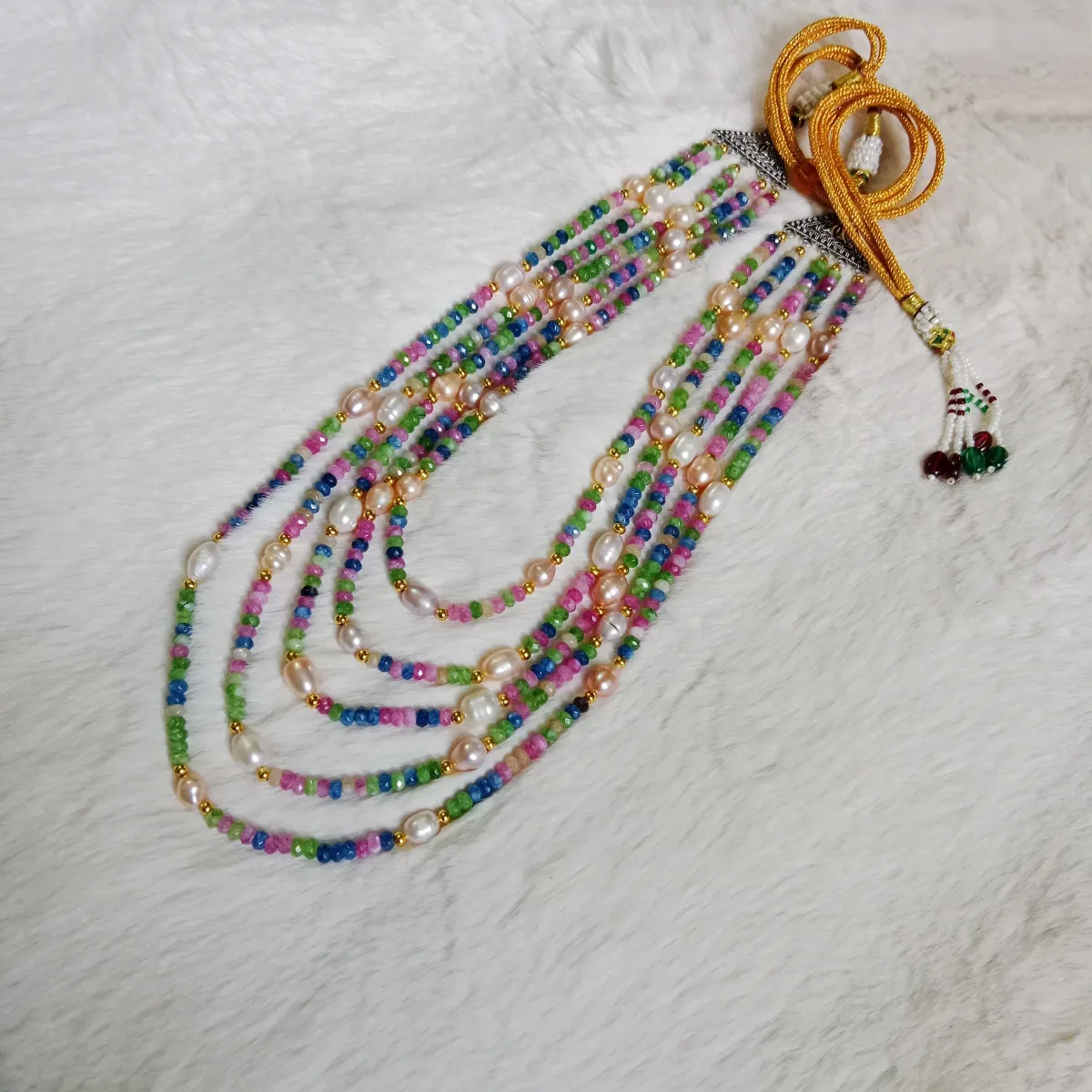 Elegant 5 Layer Pearl & Gemstone Necklace