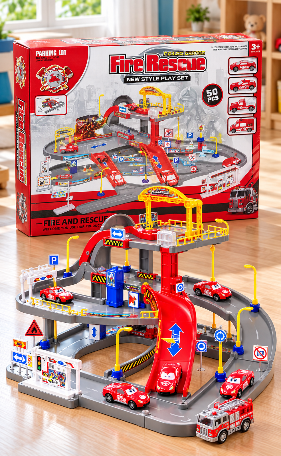 Kids Fire Rescue Parking Garage Play Set with Toy Cars – 50 Pcs thumbnail 1