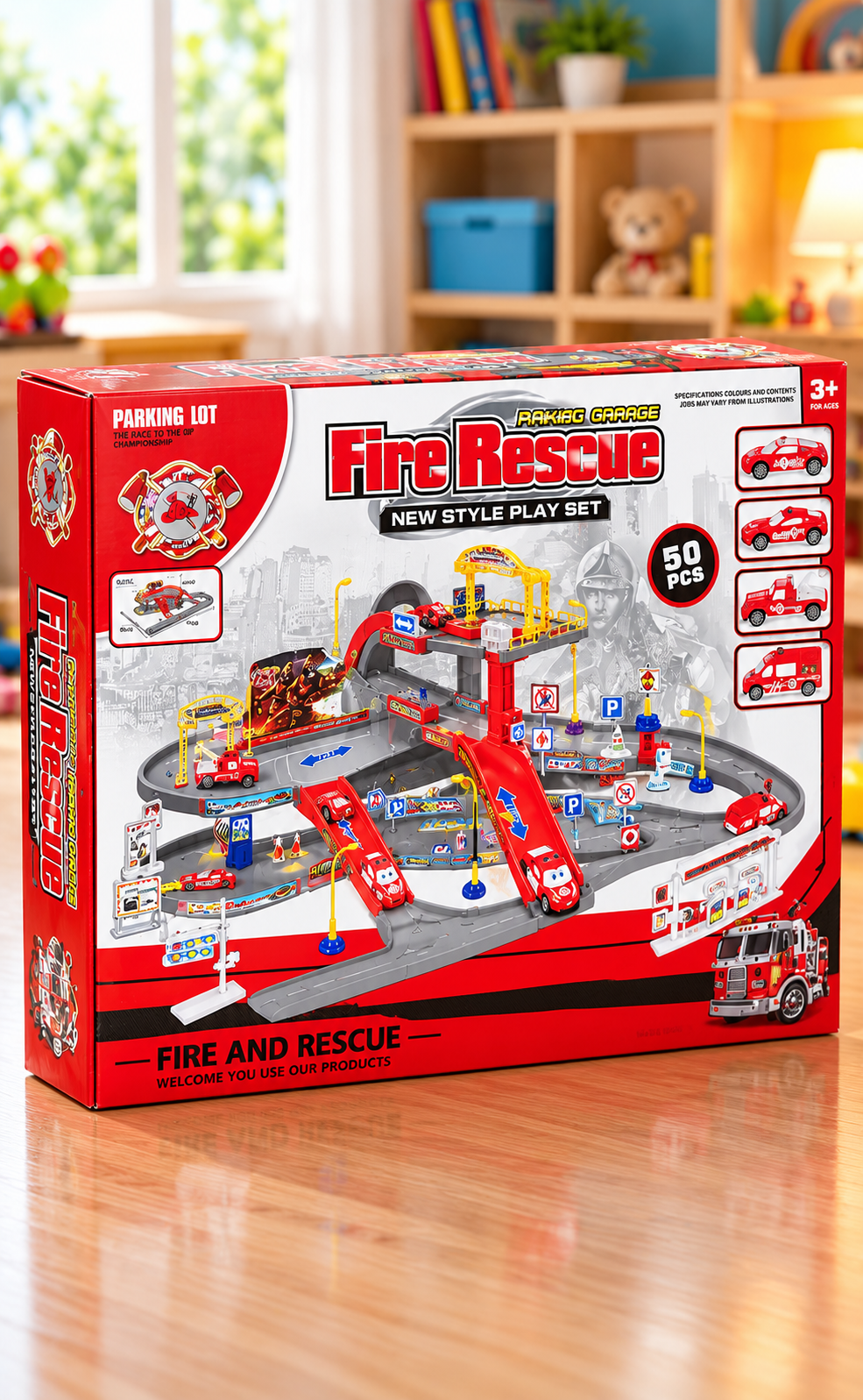 Kids Fire Rescue Parking Garage Play Set with Toy Cars – 50 Pcs thumbnail 3