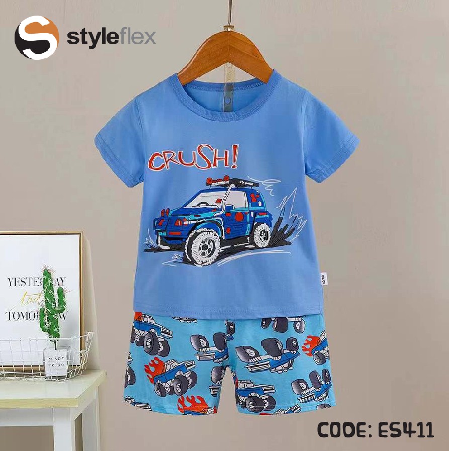Blue Car Cartoon - Imported Baby Set - Casual Set