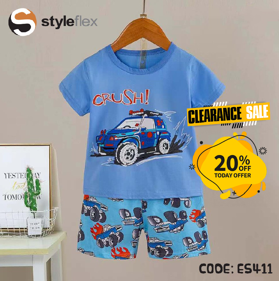 Blue Car Cartoon - Imported Baby Set - Casual Set