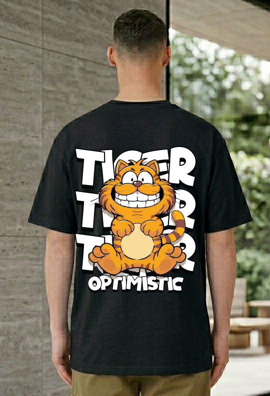 Stay Optimistic Cartoon Cat Back Print T-Shirt
