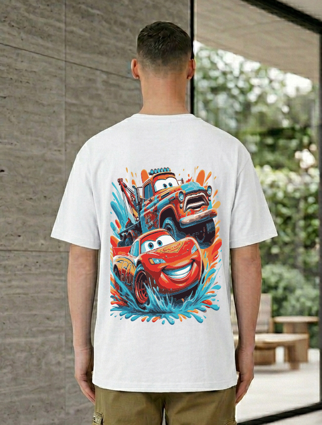 Cartoon Racing Cars Graphic Back Print T-Shirt