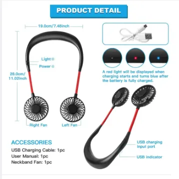 4th Generation 2000MAH Rechargeable neck Fan with light - Kitchen Fan - Sports Fan_img_3