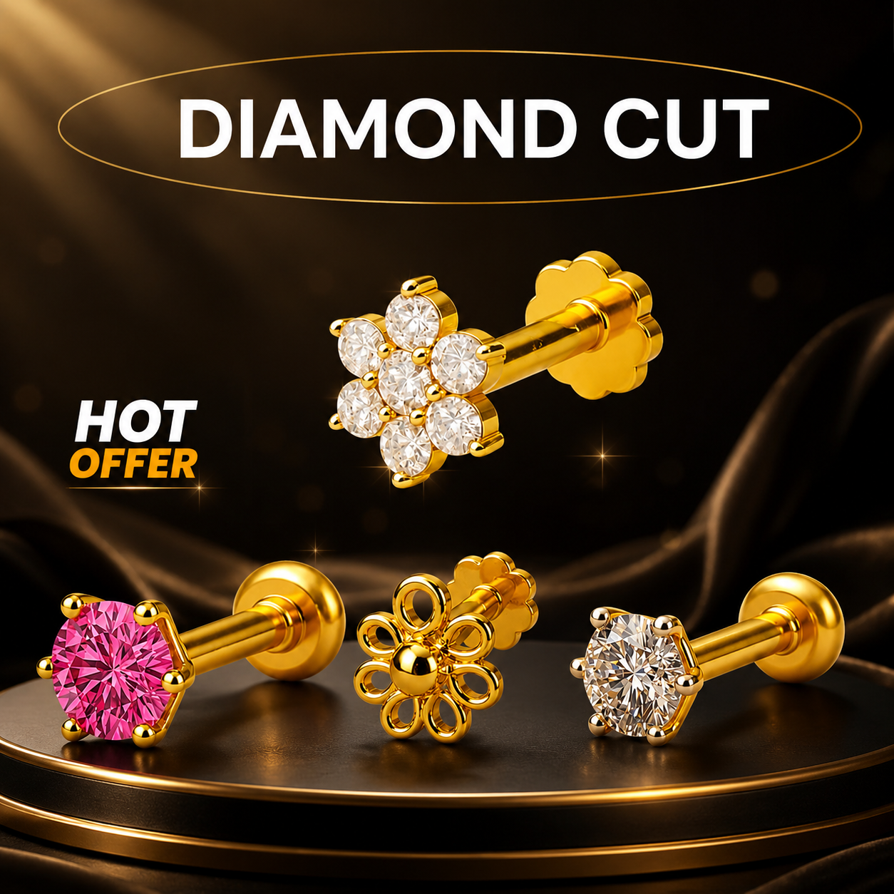7 Stone Diamond Curt Nosepin + Free Gift (4 Pcs Combo) - RE (NC4)