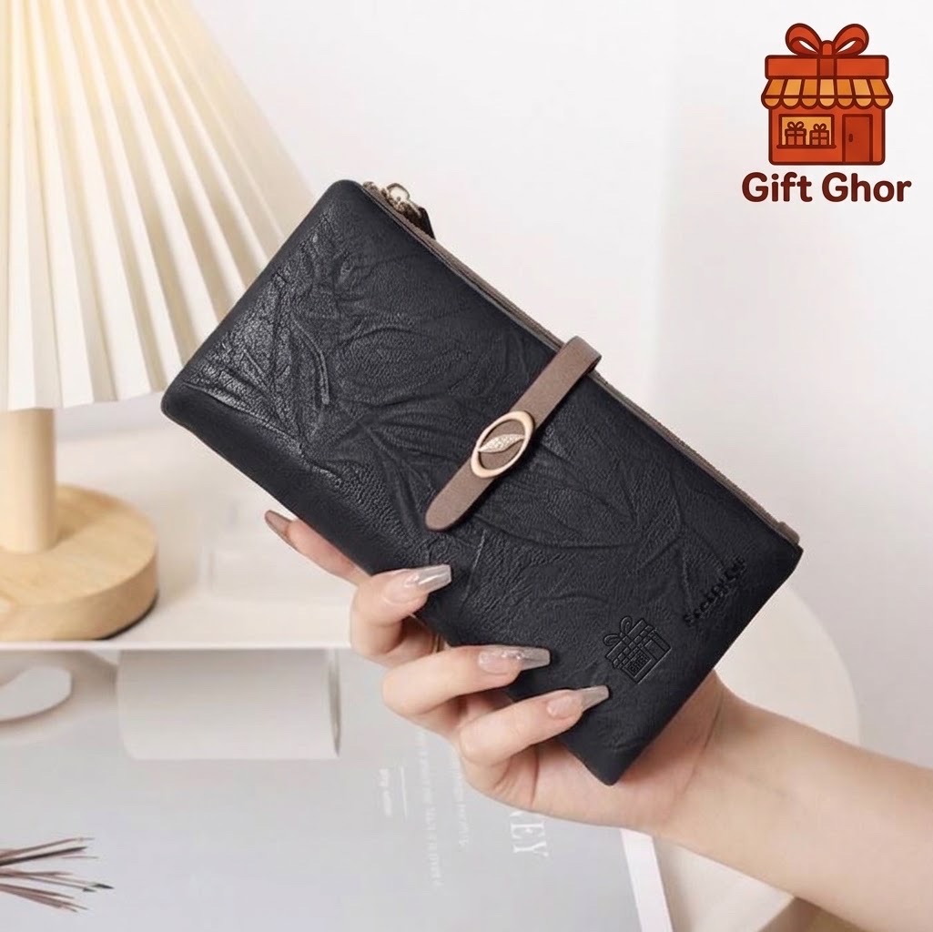 Elegant Embossed Floral Long Leather Wallet for Women | Multi-Card Holder & Zipper Clutch Purse – Gift Ghor