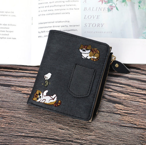 Cute Cat Embroidery Short Zipper Ladies Wallet - Gift Ghor