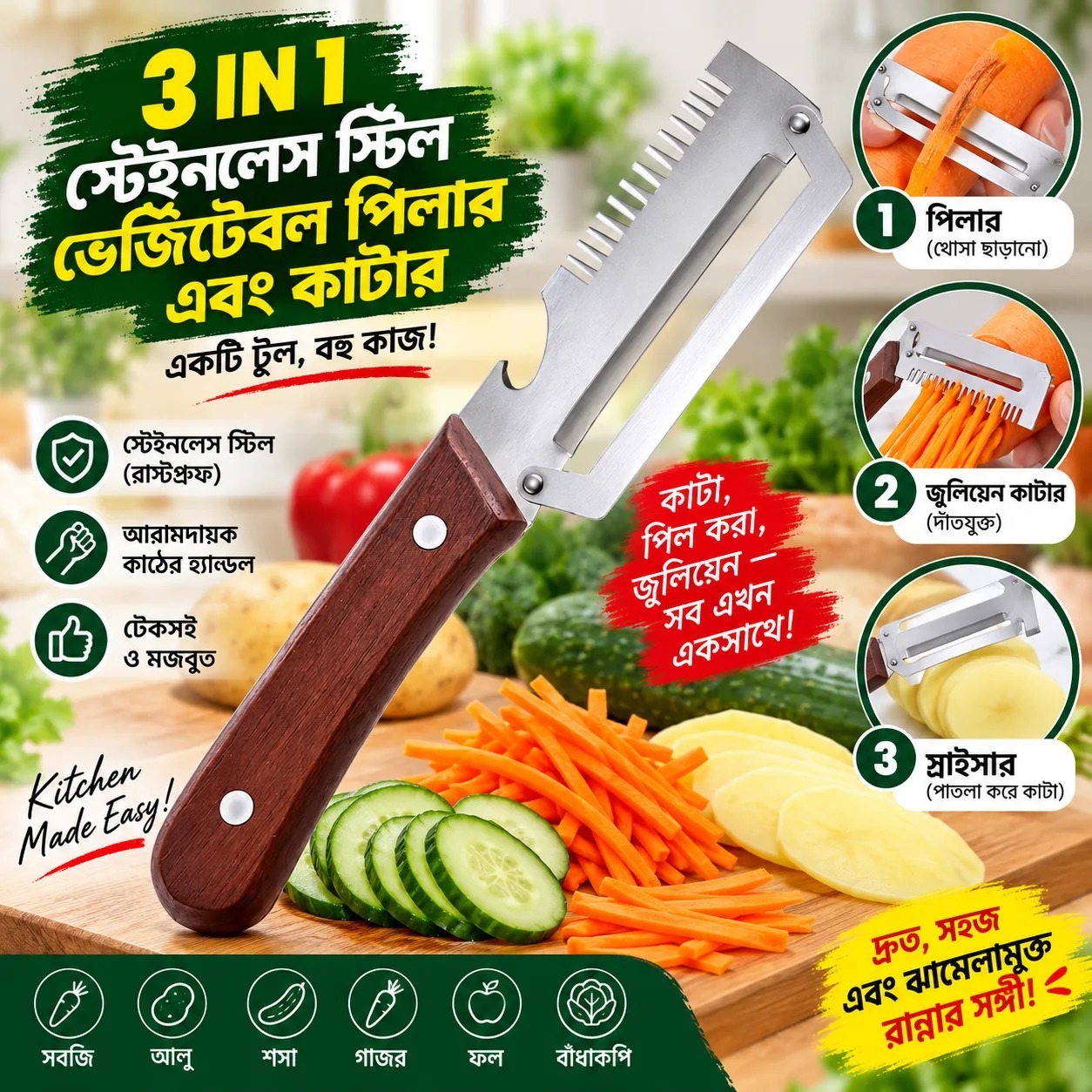 Vegetable Peeler with Bottle Opener, Multifunctional Peeler Multifunctional Stainless Steel Vegetable Peeler with Bottle Opener Double Comb Tooth Onion Cutter – Kitchen Herb Vegetable Tool for Easy Food Prep
