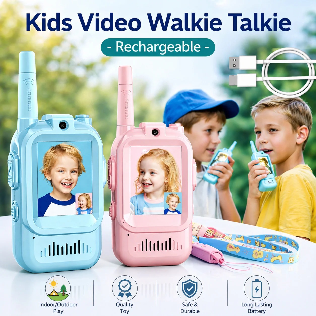 Kids Video Walkie Talkies, 2 Pack Long Range Walkie-Talkie for Kids, Rechargeable Video Call Toys for Indoor, Camping, Hiking, Travel, Christmas Birthday Gift for Boys Girls Age 3-5 (Blue/Pink)