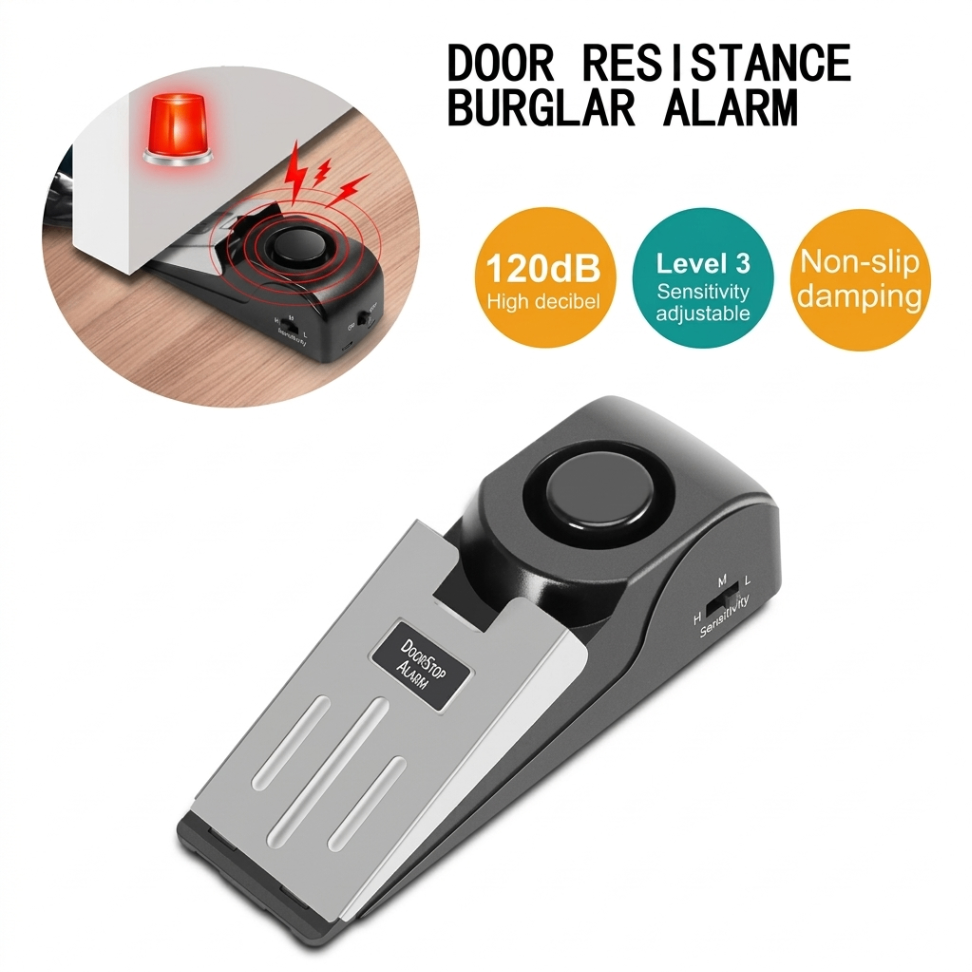 Wireless Door Stop Alarm Stainless Steel 3 Sensitivity Level Sensor Wedge-shaped Portable Home Office Travel Security Protection