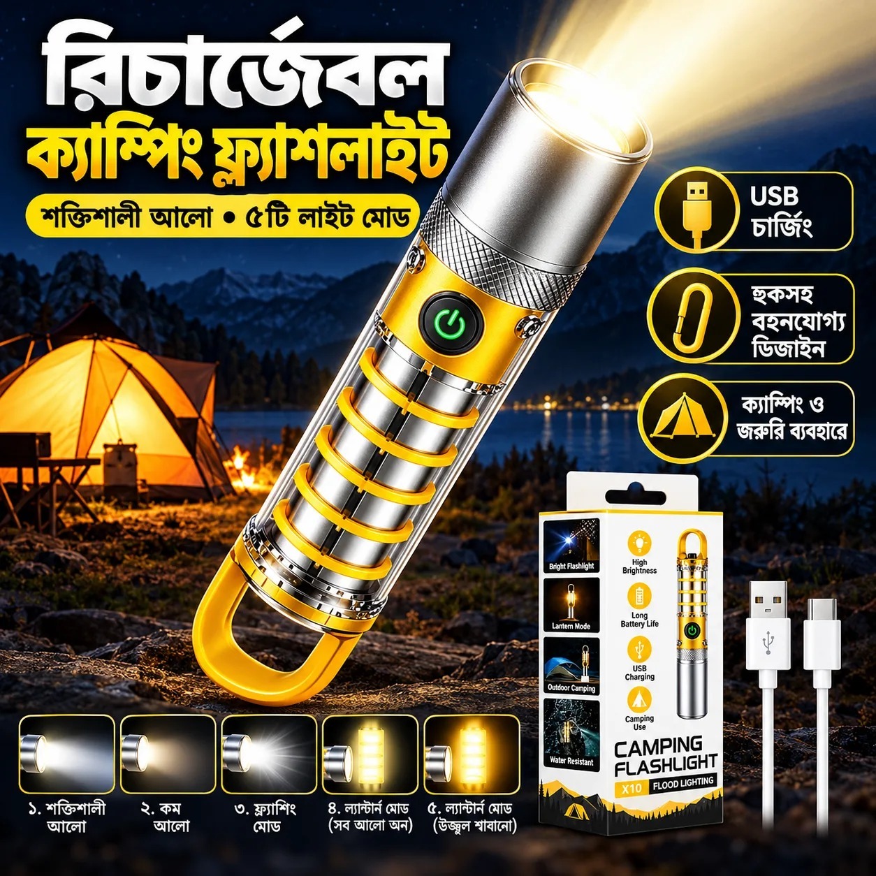 Camping Flashlight X10 Flood Lighting, Portable X10 White Laser Outdoor LED Flashlight Multi-Functional & Rechargeable