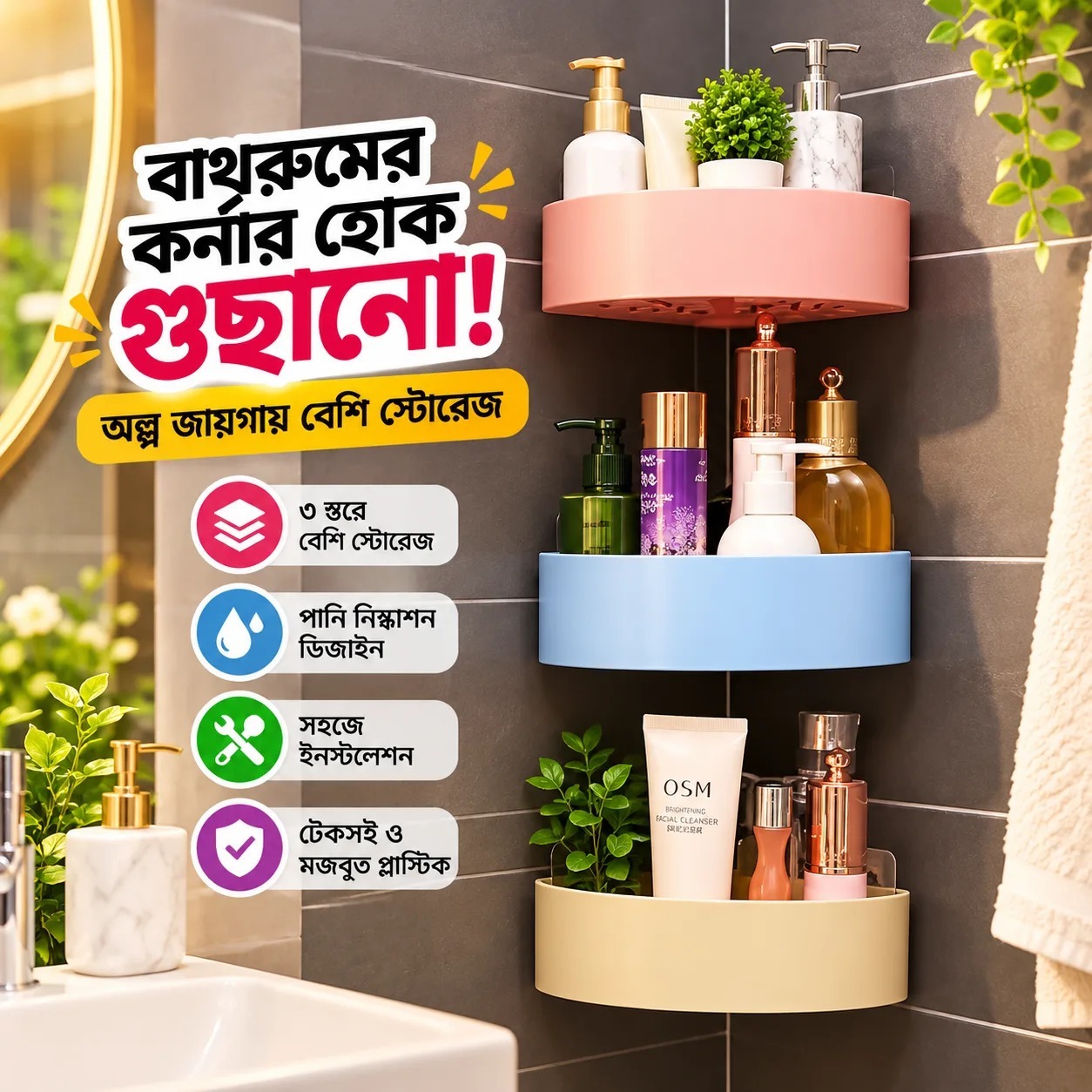 Triangle Bath And Kitchen Corner Rack Storage Shelf With Sticky Sticker Plastic Bathroom Shelves - Corner Shelf - bathroom corner shelf