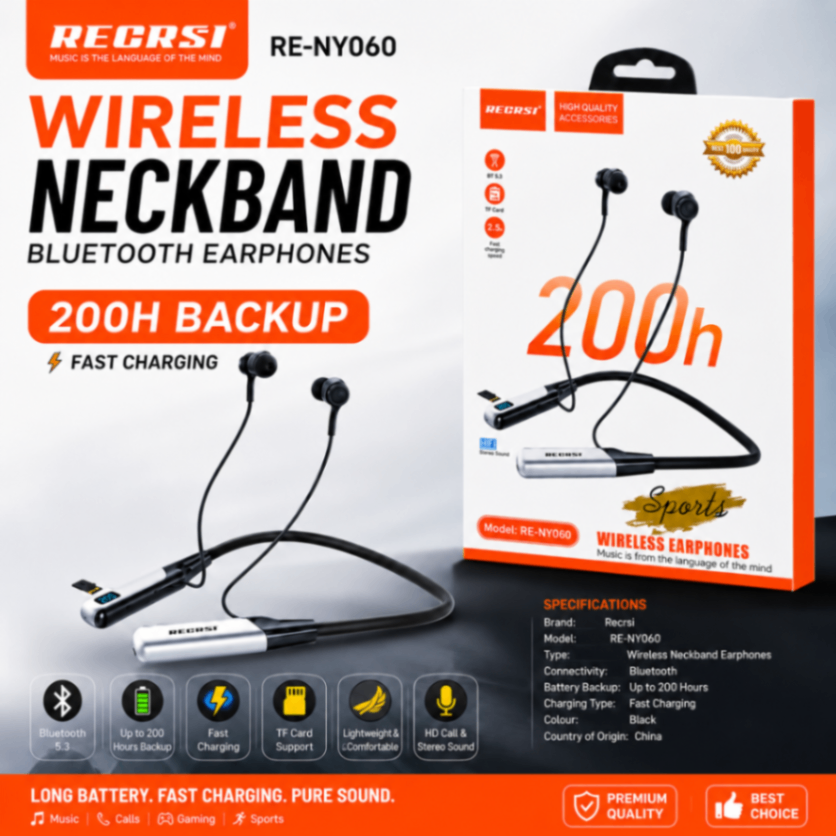 RECRSI RE-NY060 Wireless Neckband Bluetooth Earphones