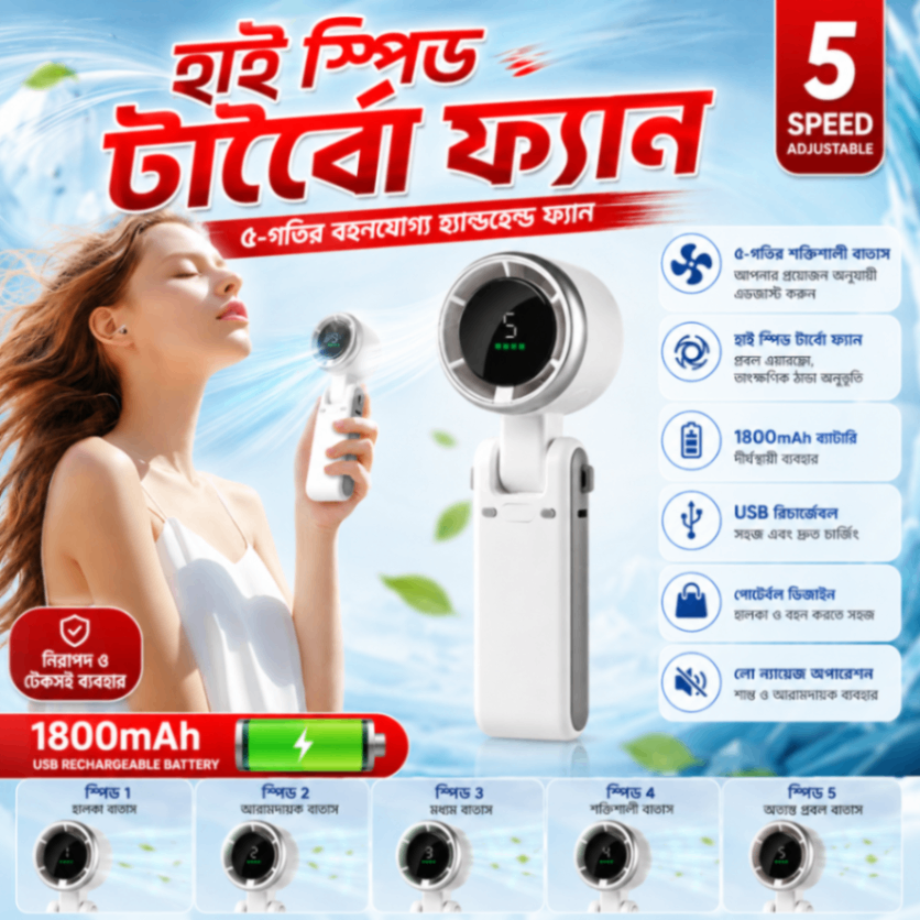 Portable Handheld Turbo Fan, 5-Speed Foldable Handheld Fans,1800mAh USB Rechargeable Battery Operated Lash Small Pocket Fan for Travel/Outdoor/Home/Office