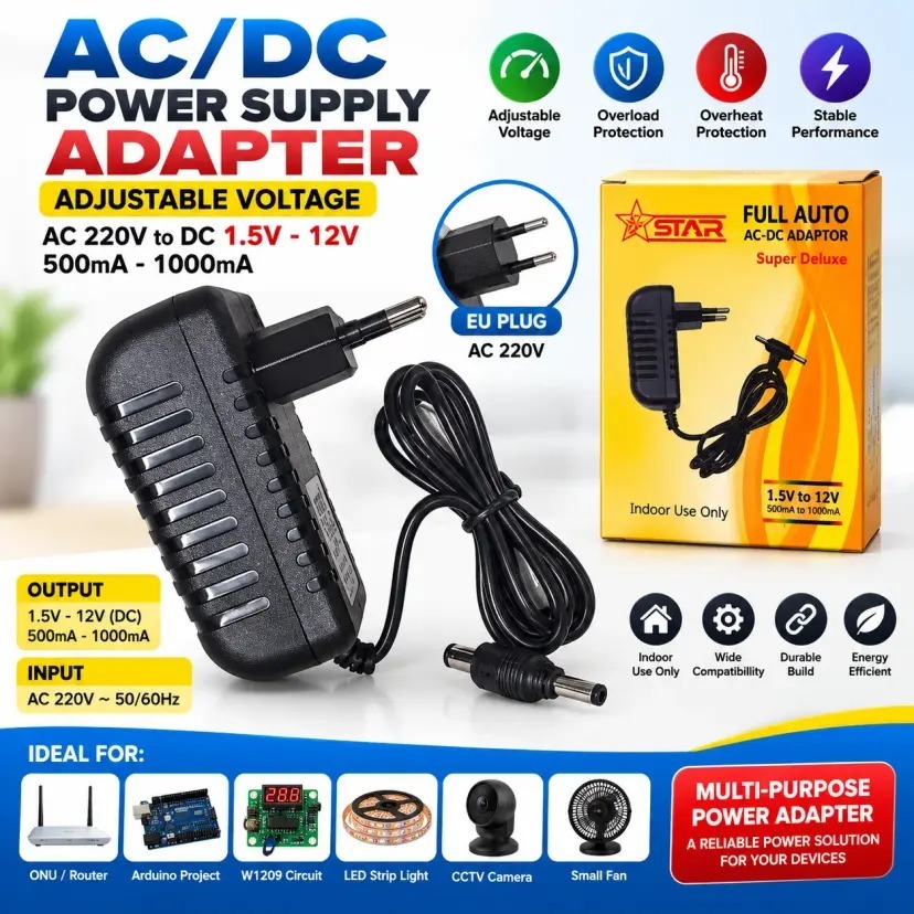 AC/DC পাওয়ার সাপ্লাই অ্যাডাপ্টার ২২০ ভোল্ট থেকে ১.৫-১২ ভোল্ট, ৫০০-১০০০ মিলিঅ্যাম্পিয়ার ইউনিভার্সাল চার্জার