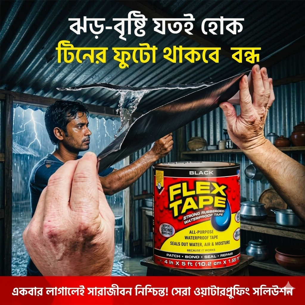 Flex Tape- ফ্লেক্স টেপ শক্তিশালী রাবারযুক্ত জলরোধী টেপ, ফুটো জলের পাইপ মেরামতের জন্য অত্যন্ত শক্তিশালী টেপ