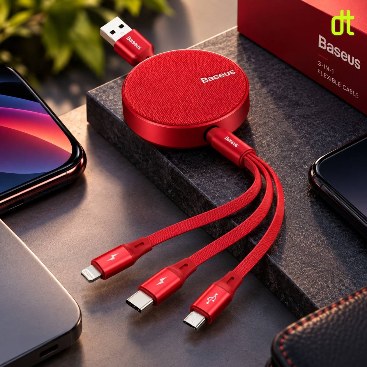 BASEUS Fabric 3-in-1 Flexible Cable USB for Micro USB + Lightning + Type-C 3.5A 1.2M RED