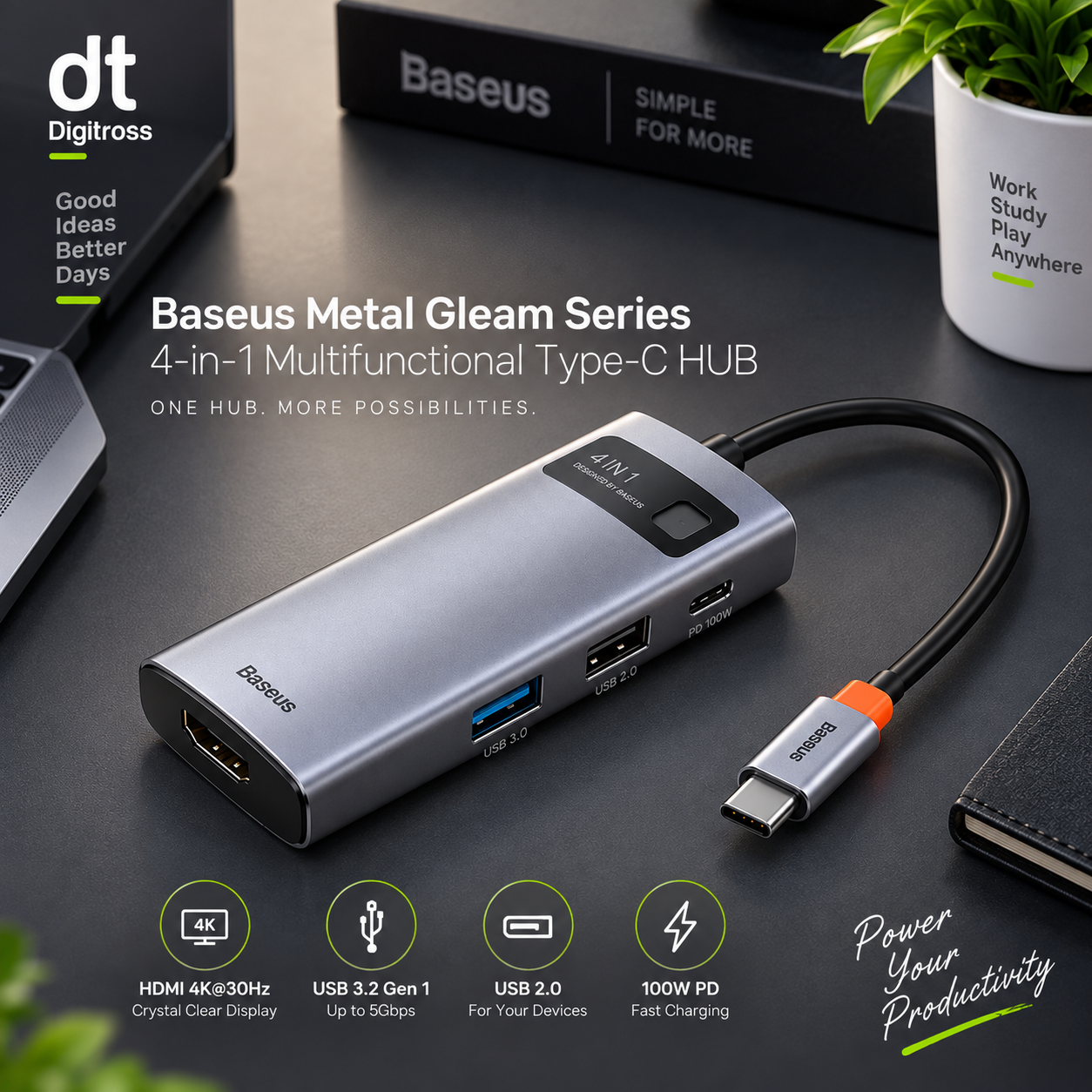 BASEUS METAL GLEAM SERIES 4 IN 1 MULTIFUNCTIONAL TYPE-C HUB DOCKING STATION GREY
