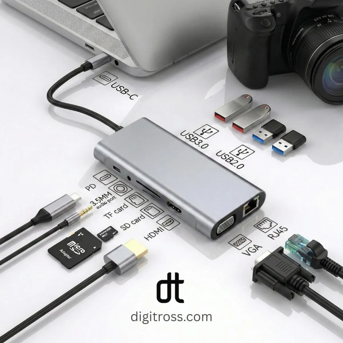 11 in 1 Type C Hub with 1x HDMI, 2x USB A, 2x USB C, RJ45 Ethernet, SD TF Card Reader for Mac Mini, Windows PC, Macbook, Laptop, Android