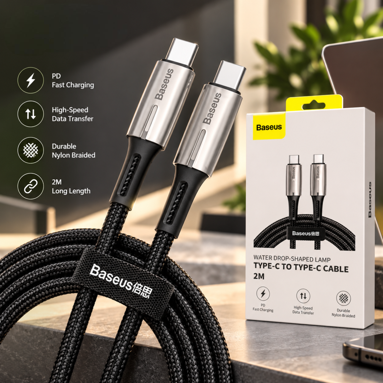 BASEUS CATSD-K01 Water Drop-Shaped Lamp Type-C to Type-C Cable 2M Black