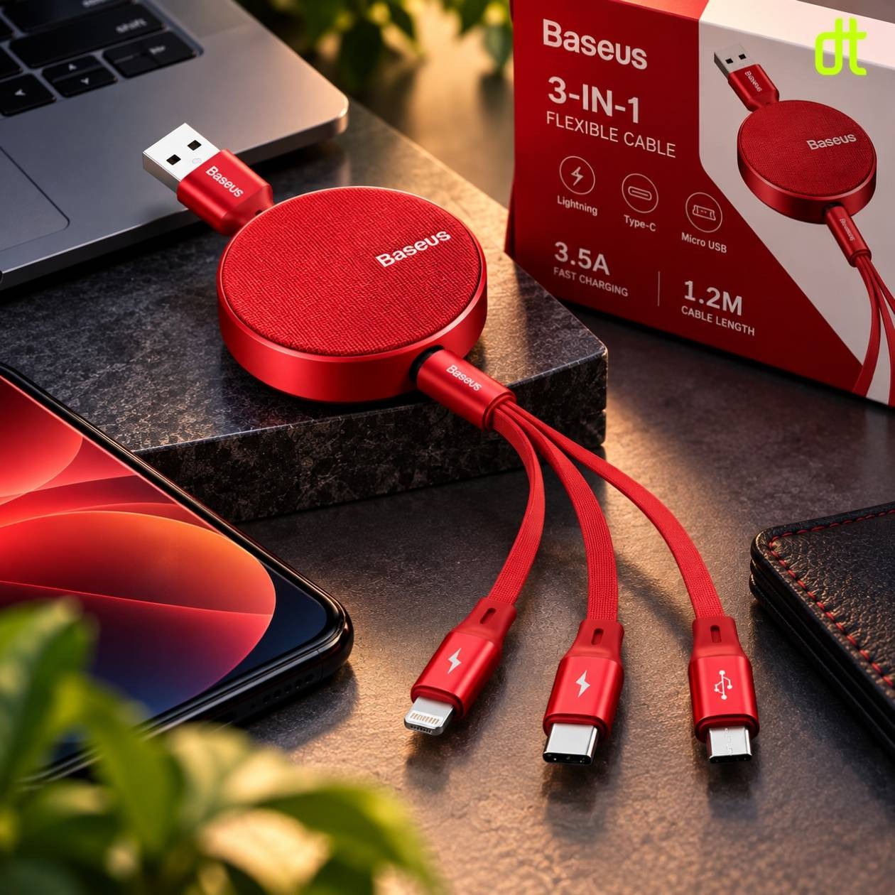 BASEUS Fabric 3-in-1 Flexible Cable USB for Micro USB + Lightning + Type-C 3.5A 1.2M RED_img_1