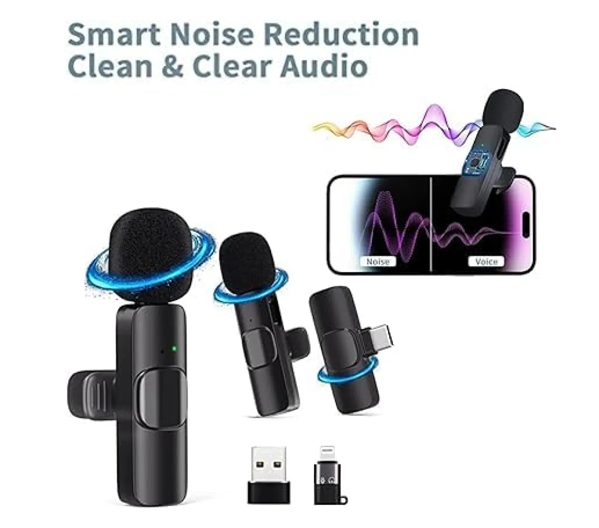K9 Dual Wireless Microphone for USB-C Phone/iPhone Wireless Mic for Youtubers Facebook Live Stream for Recording Vlog (2 Microphone+ 1 Receiver) (Compatible with USB-C/iPhone)