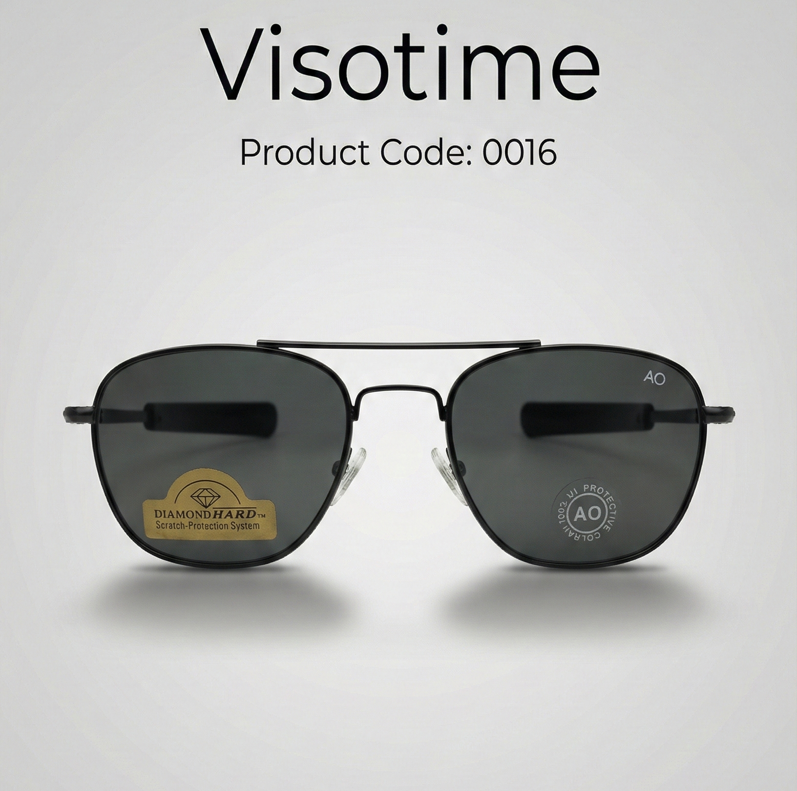 Classic Black Pilot Sunglasses "AO" on lens/temple, "Diamond Hard" sticker on lens.