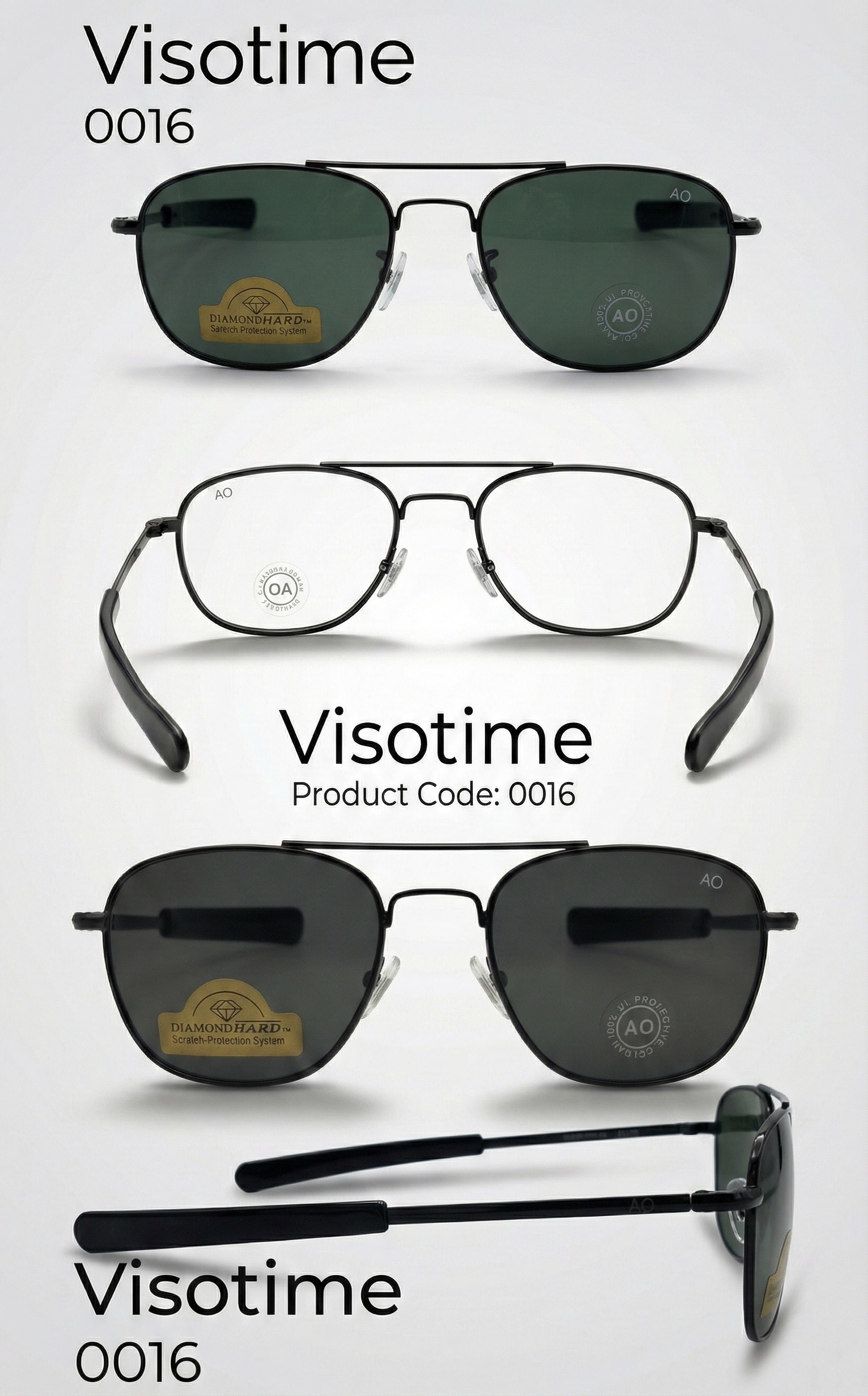 Classic Black Pilot Sunglasses "AO" on lens/temple, "Diamond Hard" sticker on lens._img_4
