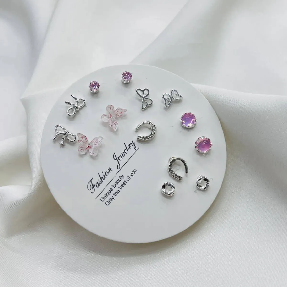 Elegant Mix & Match Earrings Set (7 Pairs) - Pink butterfly - Image 1