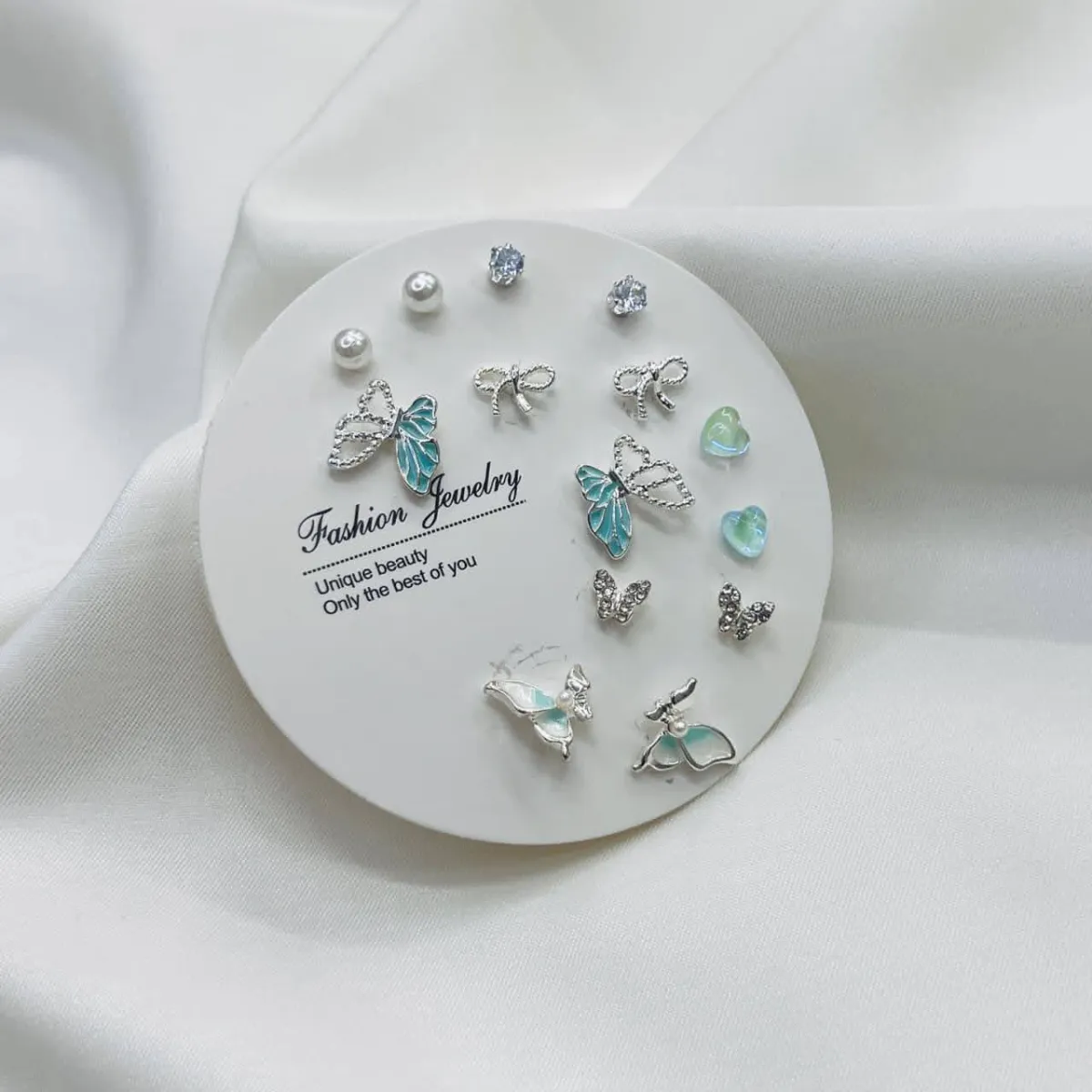 Elegant Mix & Match Earrings Set (7 Pairs) - Blue White Butterfly - Image 1
