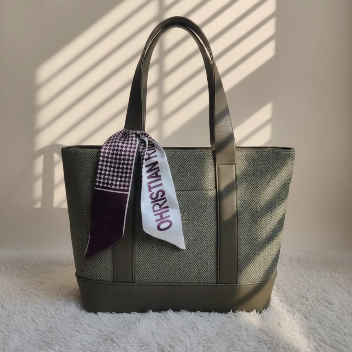 Olive Green Herringbone Pattern Tote Bag with Scarf - Image 1
