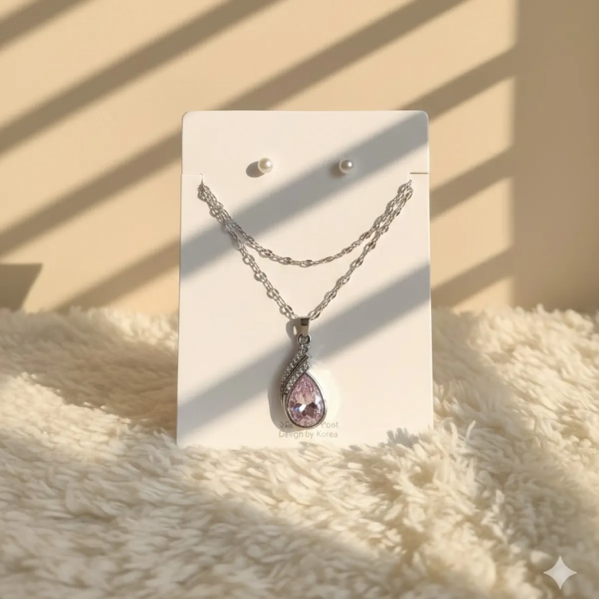 Blush Pink Teardrop Crystal Pendant Necklace with Matching Pearl Stud Earrings Set - Image 1